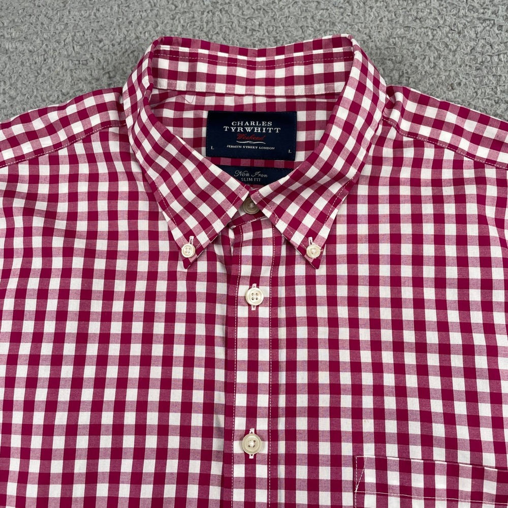 Charles Tyrwhitt Shirt Mens L Burgundy Gingham Weekend Slim Fit Non Iron Cotton